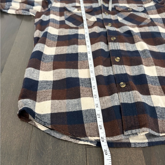 Amnesia Mens Hooded Plaid Flannel Long Sleeve Shirt Navy Blue & Brown Size M - Picture 5 of 7